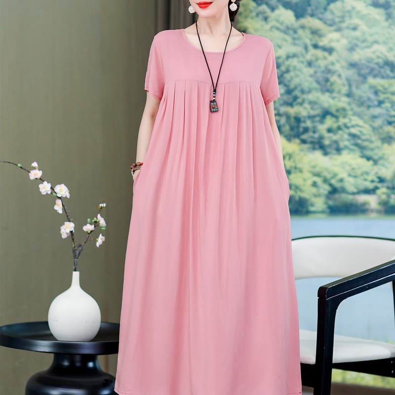 Summer Cotton Silk Nightgown for Middle-aged and Elderly Women, Plus Size Loose Fit, Short Sleeve Casual Home Dress