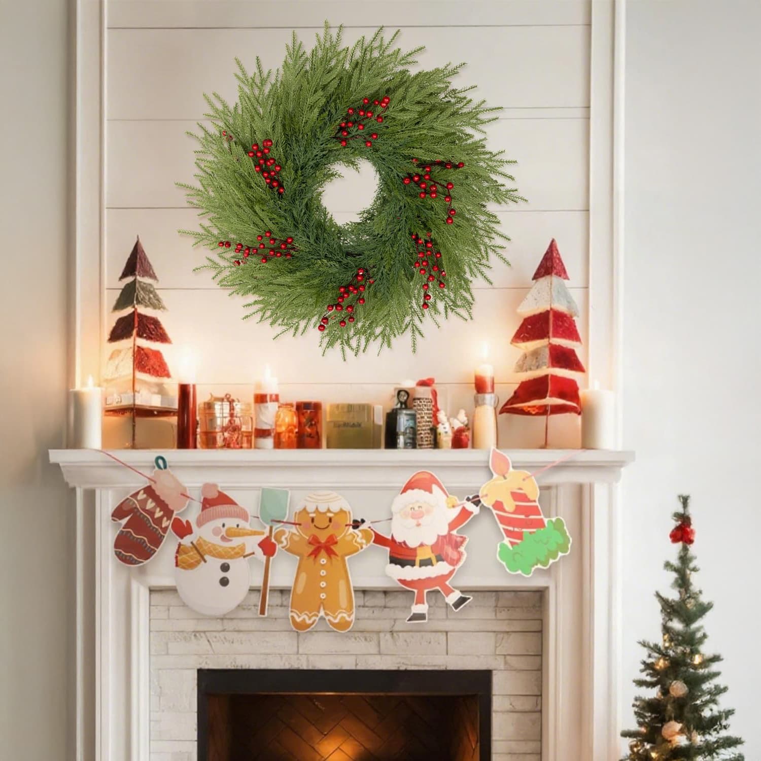 Christmas Pine Needle Red Berry Wreath Decoration Simulated Greenery Hanging Door Ornament Home Festival Atmosphere Decoration