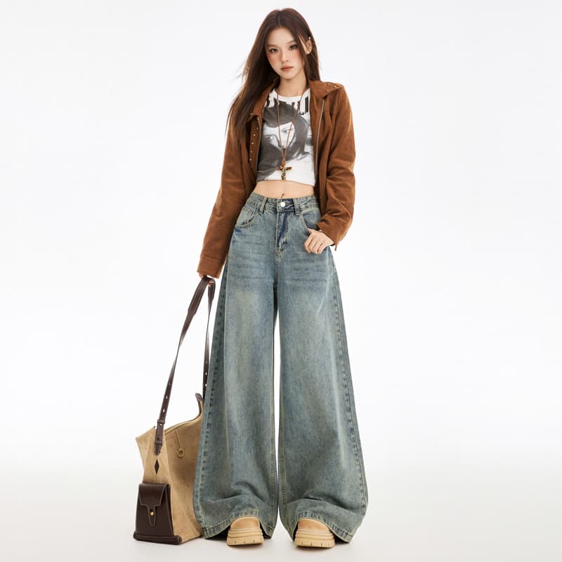 High Street American Retro Wide Leg Pants Ultra Soft Yarn Denim Floor-Length Pants American Wide Leg Pants Light Blue Long Pants