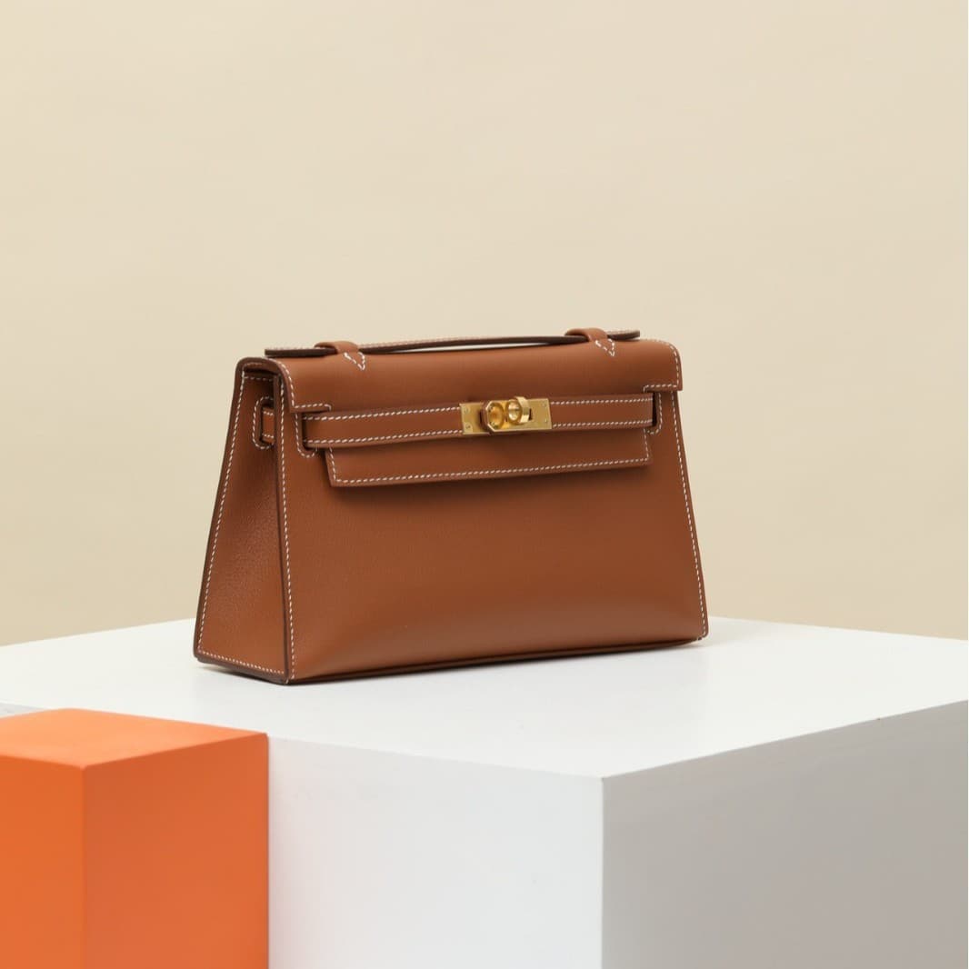 Fully hand-sewn mini Kelly bag, French original swift leather gold brown gold buckle hand-held evening bag