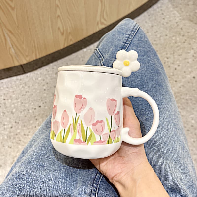 Ins style high-looking flower mug with lid spoon household girly heart ceramic cup student breakfast milk cup