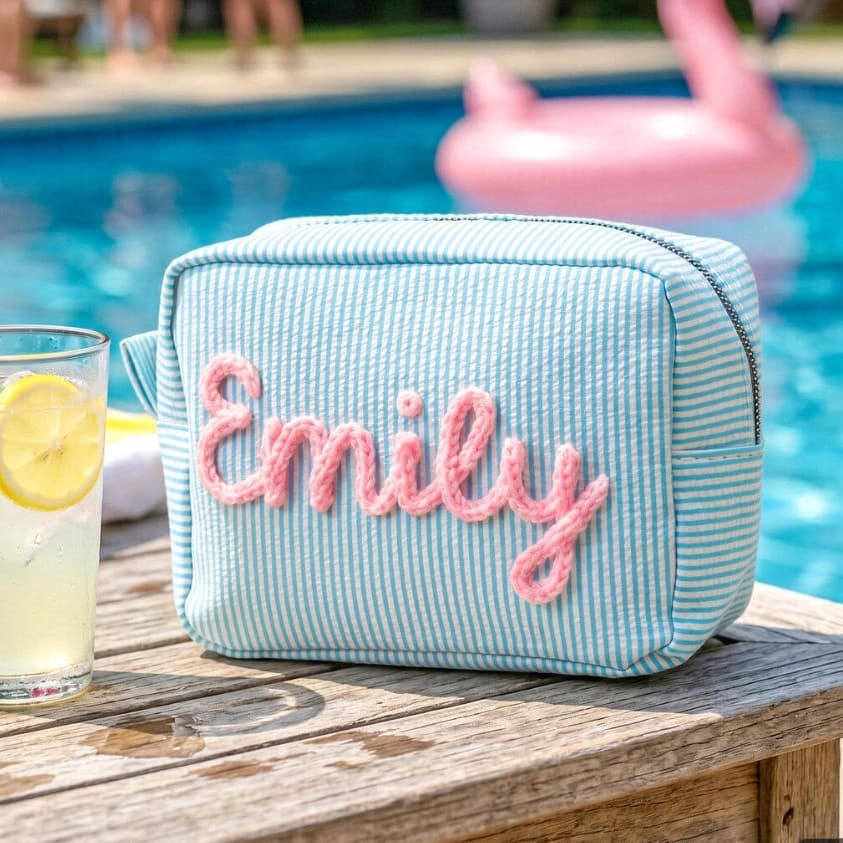 Etsy Personalized Hand-Embroidered Seersucker Makeup Bag Portable Toiletry Organizer for Travel and Business Trips