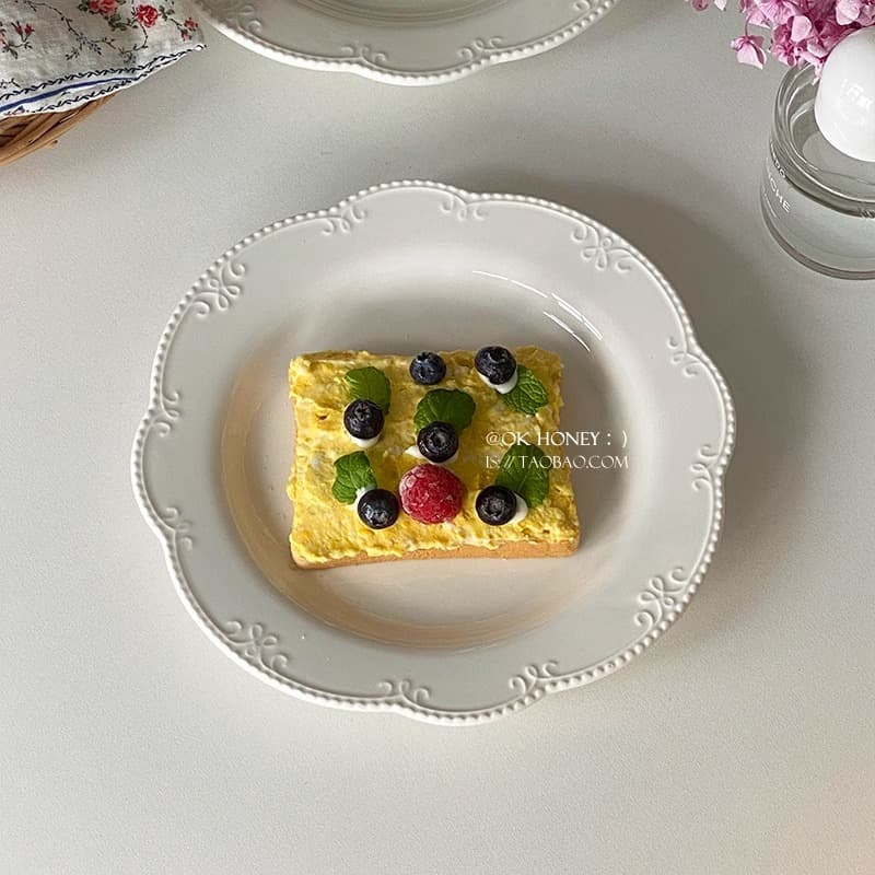 French Ins Retro Style High-End Embossed Lace White Plate Flat Plate Dessert Plate Cake Plate Breakfast Dish Plate