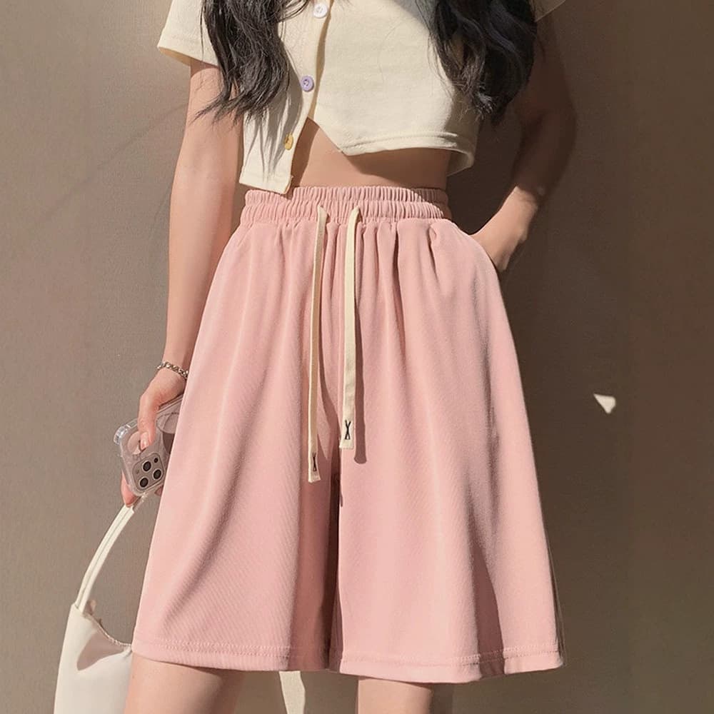 Ice Silk Sports Shorts for Women, Summer High-Waisted Casual Plus-Size Loose A-Line Slimming Straight-Leg Wide-Leg Five-Point Shorts