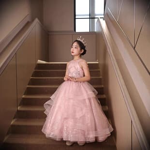 Girls Birthday Princess Dress Flower Girl Gown Light Luxury Unique Children Host Piano Performance Pink