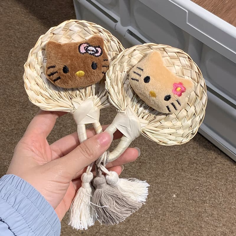 HelloKitty Mini Handmade Straw Fan, Cute Maiden Heart Straw Woven Small Fan, Portable Tassel Hand Fan