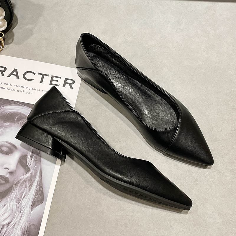 Soft Leather Work Shoes for Women, Black, Comfortable for Long Standing, Pointed Toe Chunky Heel Loafers, Versatile Soft Sole Leather Shoes
