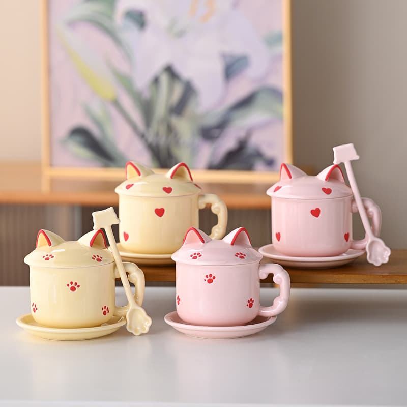 Cute Cat Ear Ceramic Coffee Mug with Lid Saucer and Spoon Cat Paw Mug Sweet Pastoral Style Home Office Cup