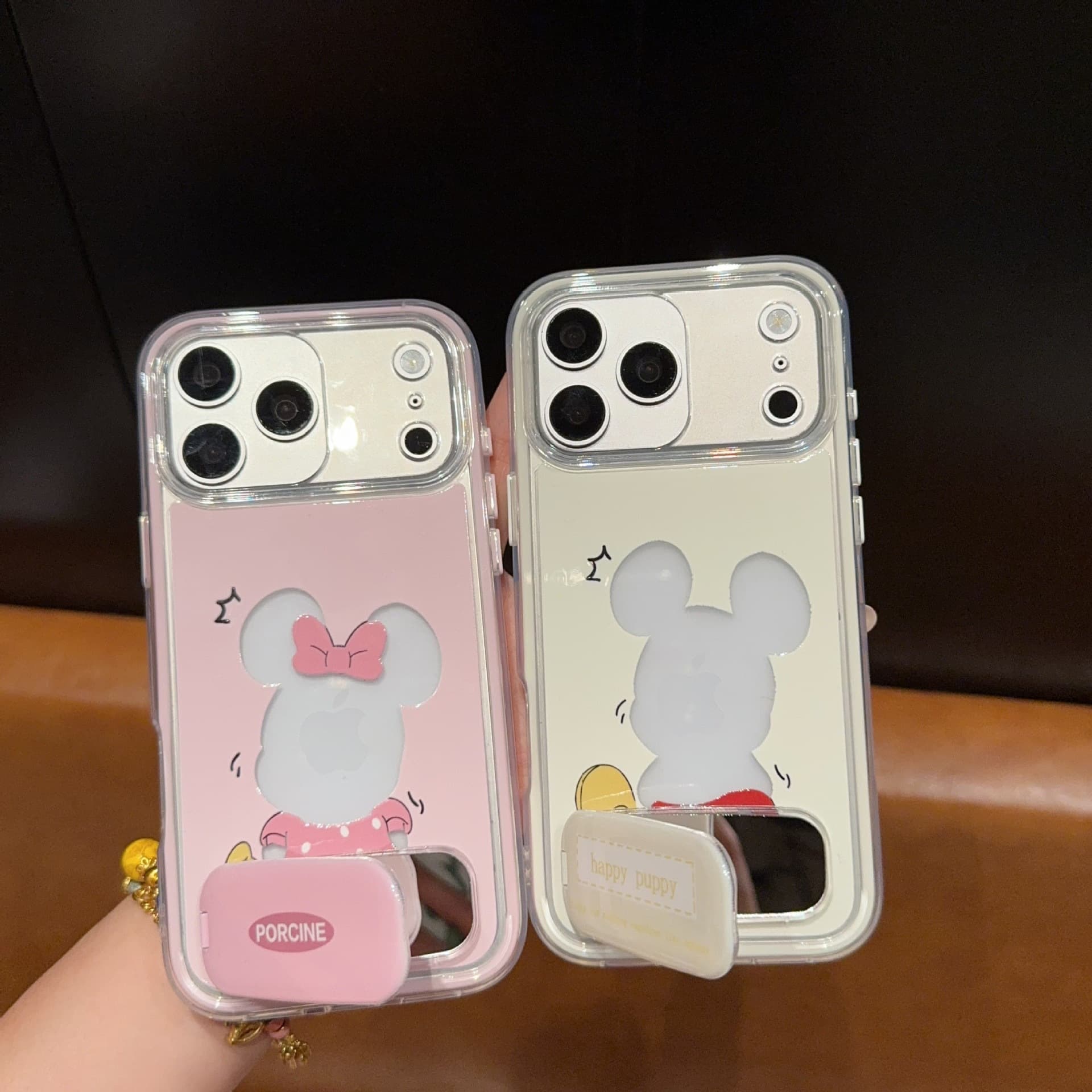 Cute Transparent Two-in-One Hollow Mickey Mouse Mirror Stand Phone Case Compatible with Apple 18 Women iPhone 17 Cover