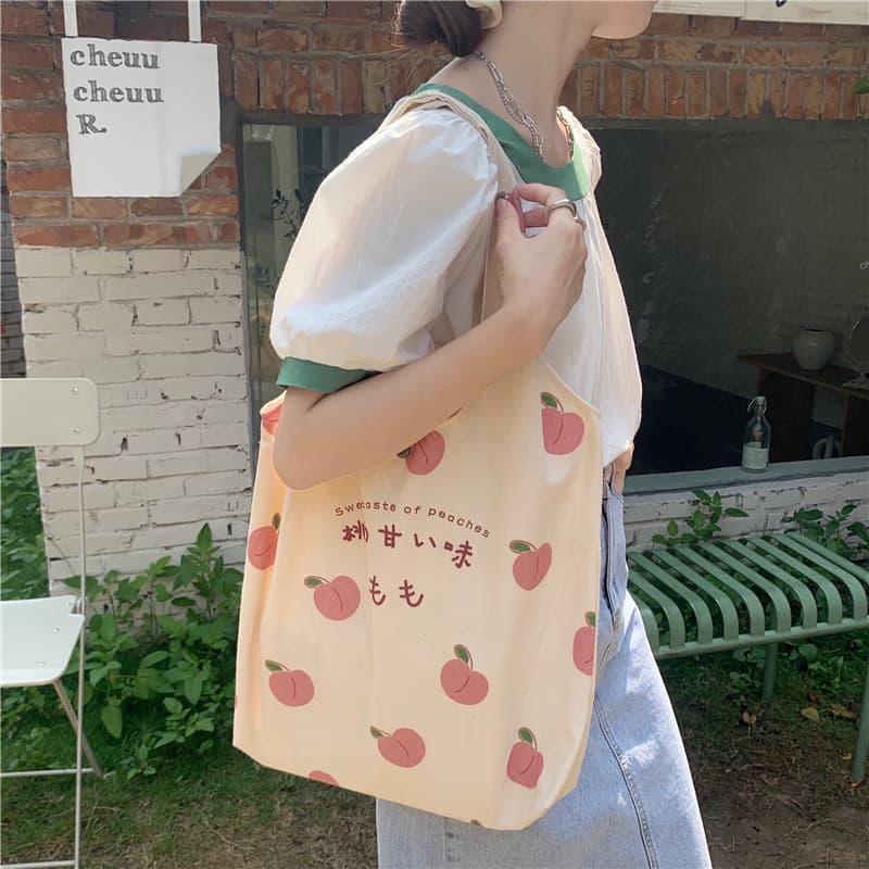 1552 Canvas Bag Women Summer Small Fresh Peach Print Shoulder Bag Japanese Style Cute College Student School Bag Wholesale