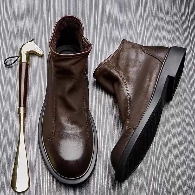 Genuine Top Layer Leather High-Top Boots for Men Spring Breathable British Retro Martin Boots Chelsea Casual Short Boots