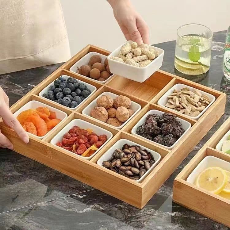 Nine-Compartment Tray Bamboo Wooden Japanese-Style Dessert Snack Dried Fruit Tray Engagement Wedding Arrangement Dried Fruit Box Home Storage Box