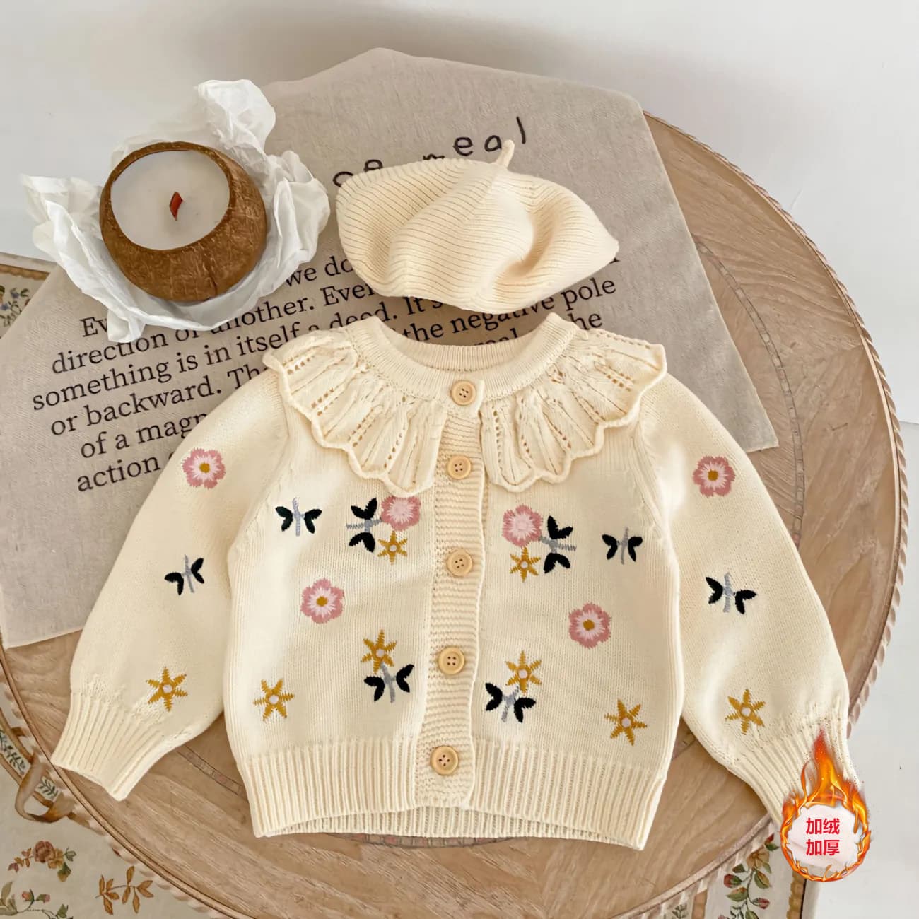 Spring Versatile Baby Girls Flower Embroidered Lotus Leaf Collar Knitted Long Sleeve Cardigan Coat Children
