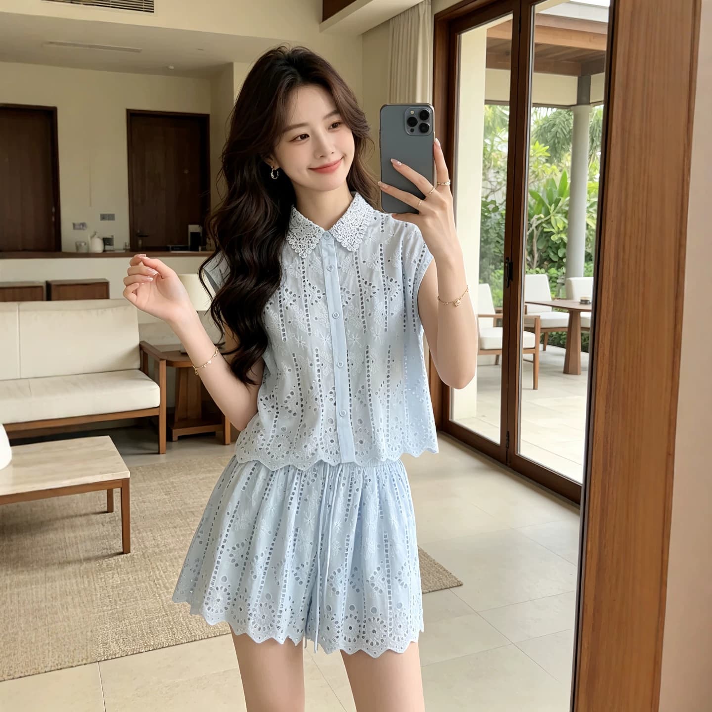 Shenzhen Nanyou 2026 summer new style French hollow embroidery suit women's lapel sleeveless shirt + shorts two-piece set