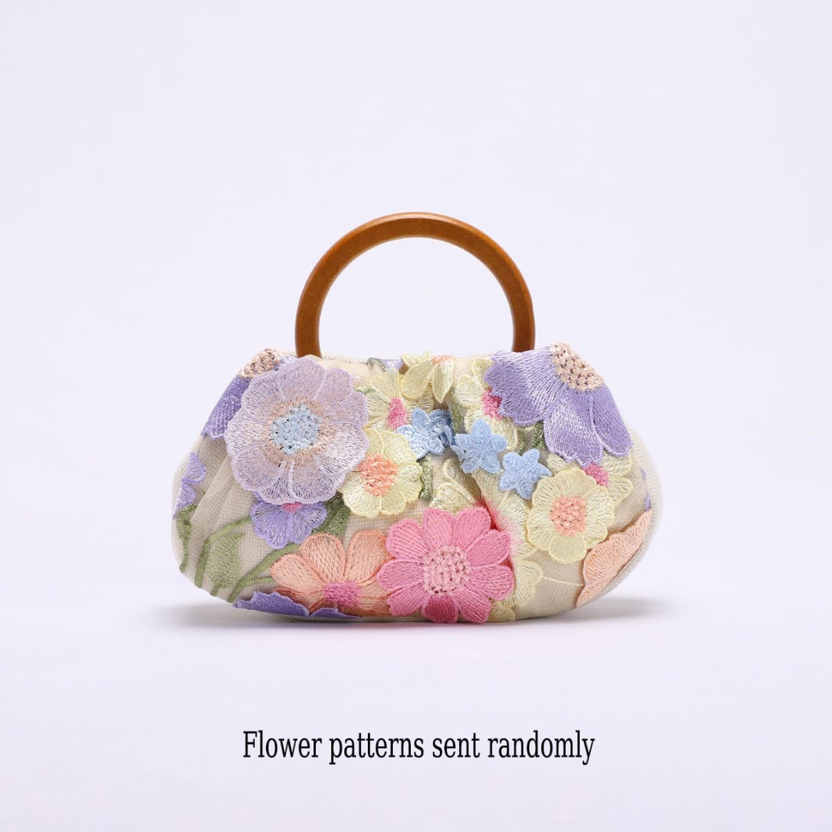 Round Wooden Handle Bag Bamboo Knot Bag Applique Embroidery Vacation Style Women's Handbag Pearl Sequins Evening Bag