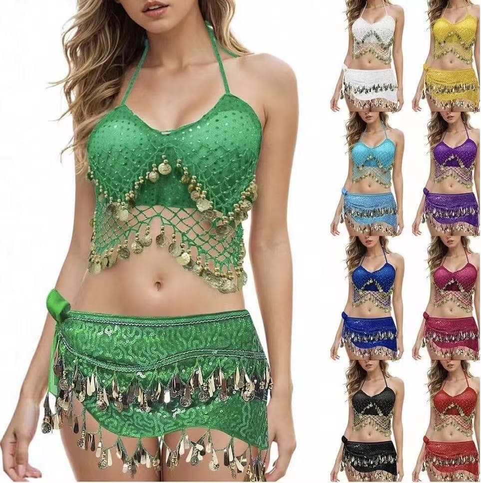 Belly Dance Performance Costume Stage Show Outfit Halloween Sequin Fringe Skirt Set Bra Dance Costume Sequin Dancewear