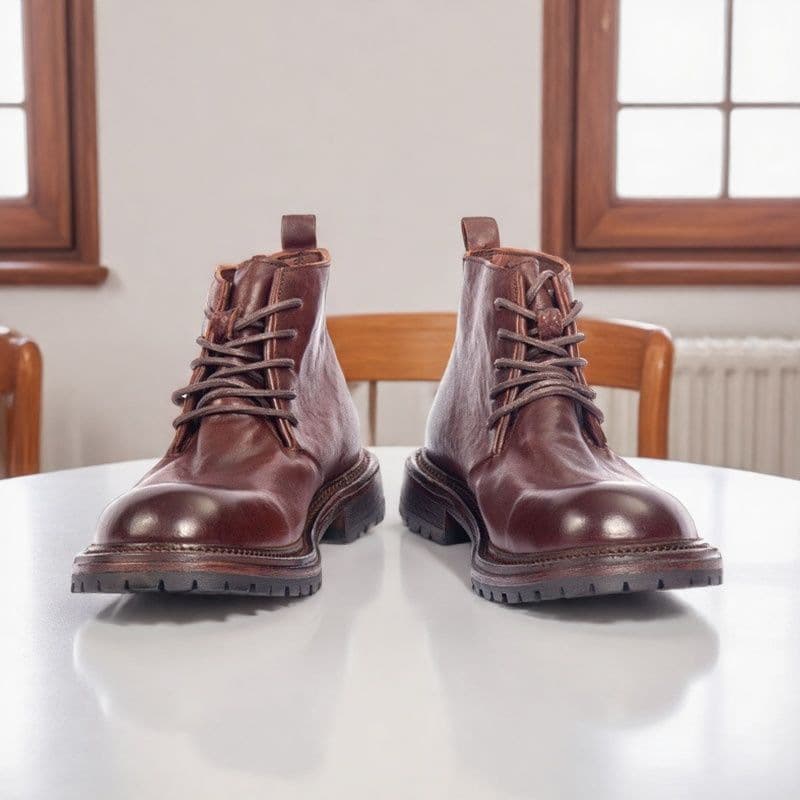 Autumn Winter Genuine Leather High-End Washed Horsehide Men's Boots Retro Trendy Handcrafted Mid-Calf Boots Chunky Martin Boots Motorcycle Boots for Men