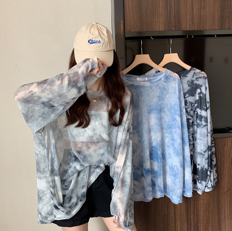 2026 Tie-Dye Mesh Sun Protection Top for Women, Ice Silk Thin See-Through Long-Sleeve T-Shirt Cover-Up