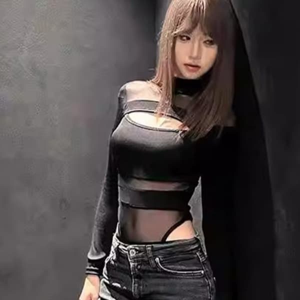 Long-sleeve bodysuit with mesh see-through design, unique style, nightclub sexy semi-high neck T-shirt top for women