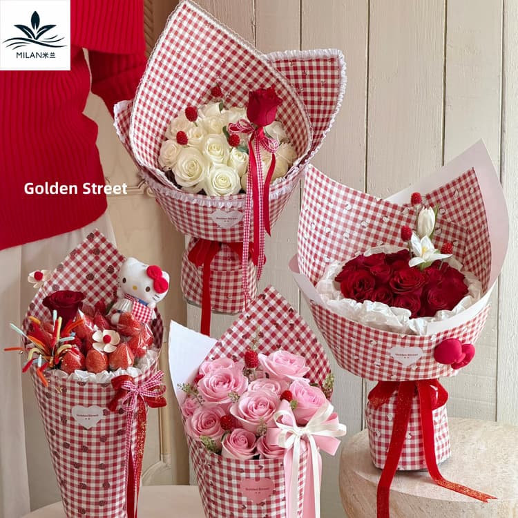 Trendy New Red Plaid Wrapping Paper for Rose Bouquets, Floral Gift Background Paper, DIY Craft Material