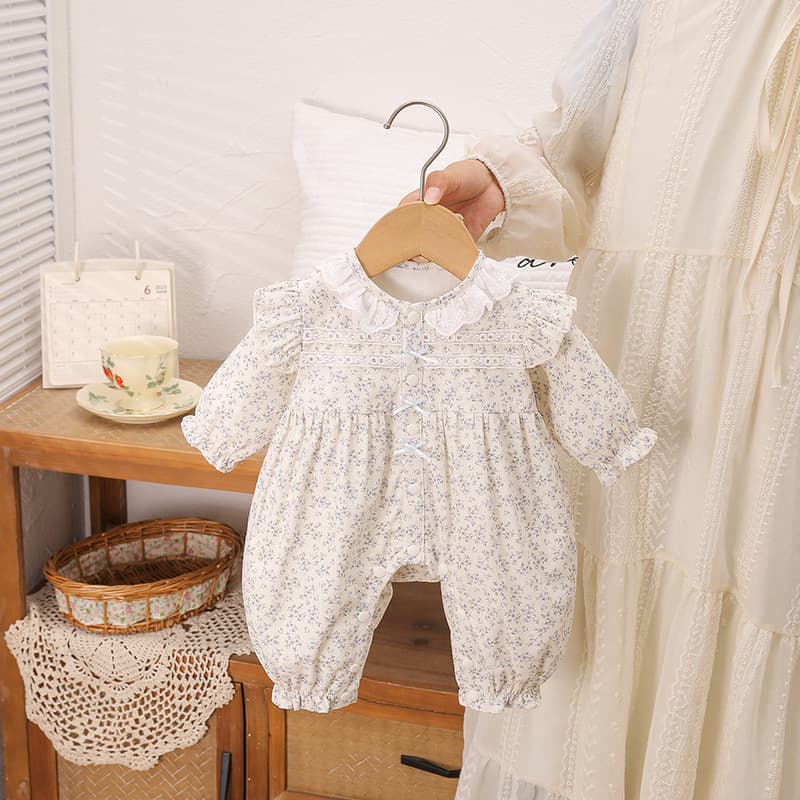 Autumn mist blue floral bow long-sleeved jumpsuit, romper, full moon outing baby and children's clothes blue