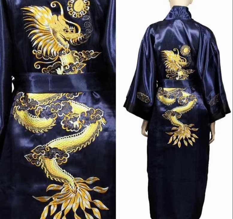 Cross-border Reversible Embroidered Dragon Robe, Chinese Traditional Loungewear for Men, Silk Hotel Bathrobe