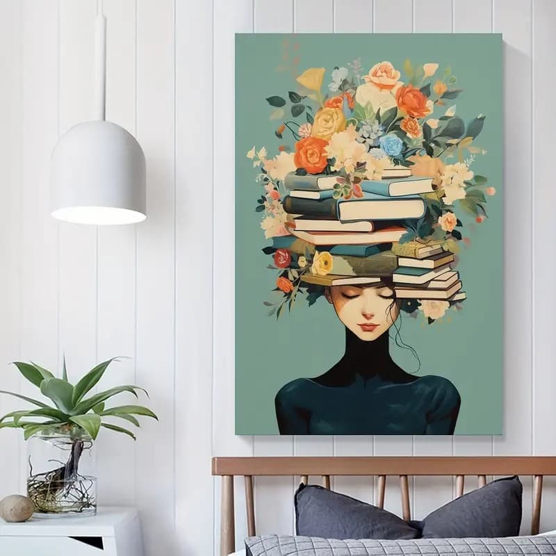 Cross-border Amazon Xiyin TEMU girls reading canvas painting plants flowers wall art home decoration