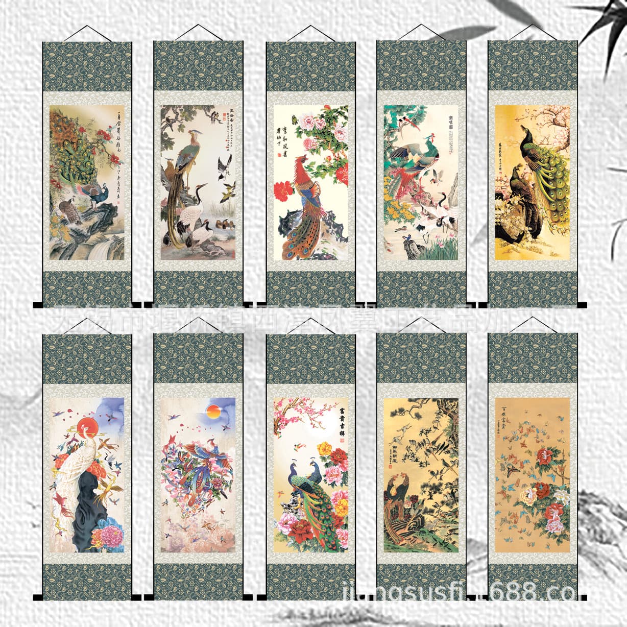 Living Room Office Shop Hanging Meticulous Brushwork Hundred Birds Worshipping Phoenix Peacock Flower Bird Silk Scroll Traditional Chinese Art