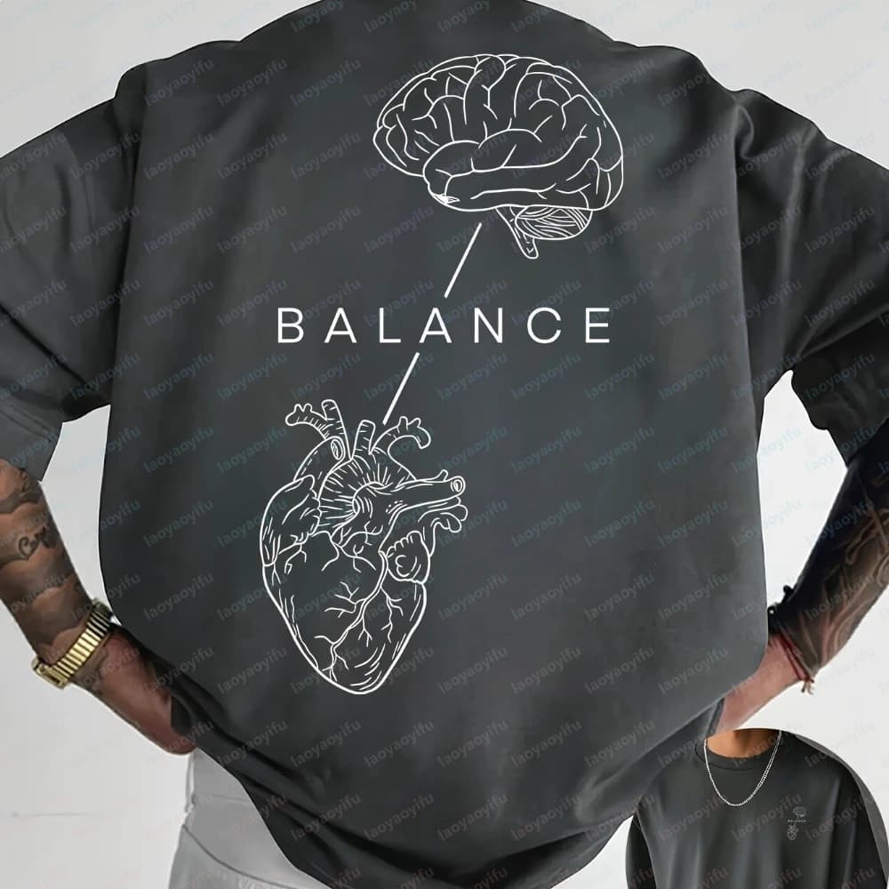 Cotton balance brain heart graphic t-shirt for men women minimalist line art casual soft breathable top for street