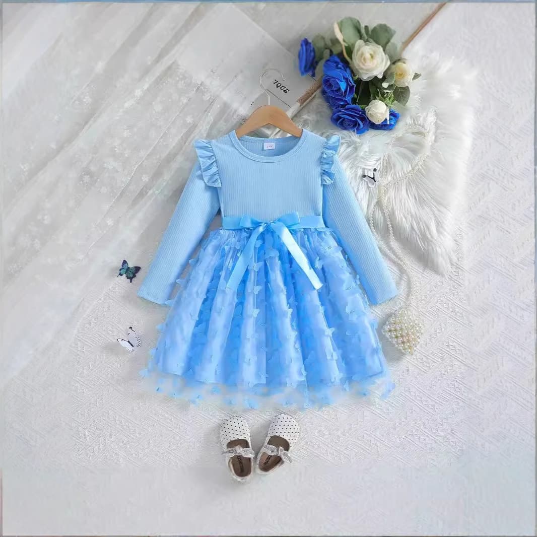 Girls Long Sleeve Butterfly Knot Dress Mesh Skirt Princess Style Autumn New Fashionable Casual Wear for Little Girls