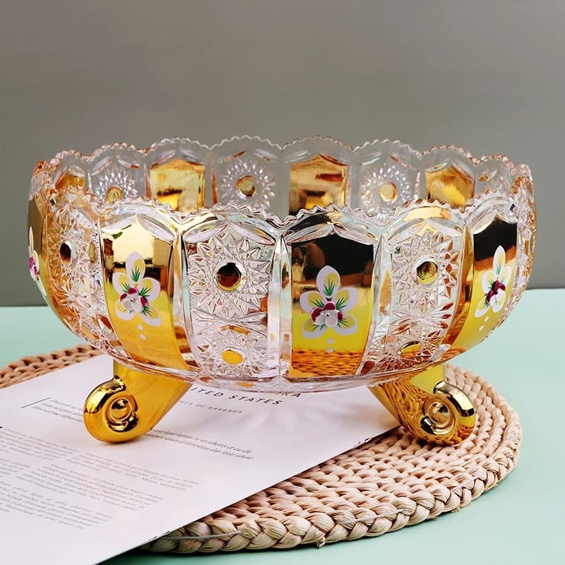 Light Luxury Gold-Plated Sunflower Wavy Lace Large Fruit Bucket Table Decal Fruit Plate Carved Tripod Light Luxury Style