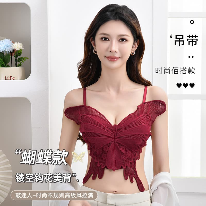 Sexy French Lace Butterfly Hollow Camisole Top with Built-in Pads, Cross-back Bustier Innerwear for Women