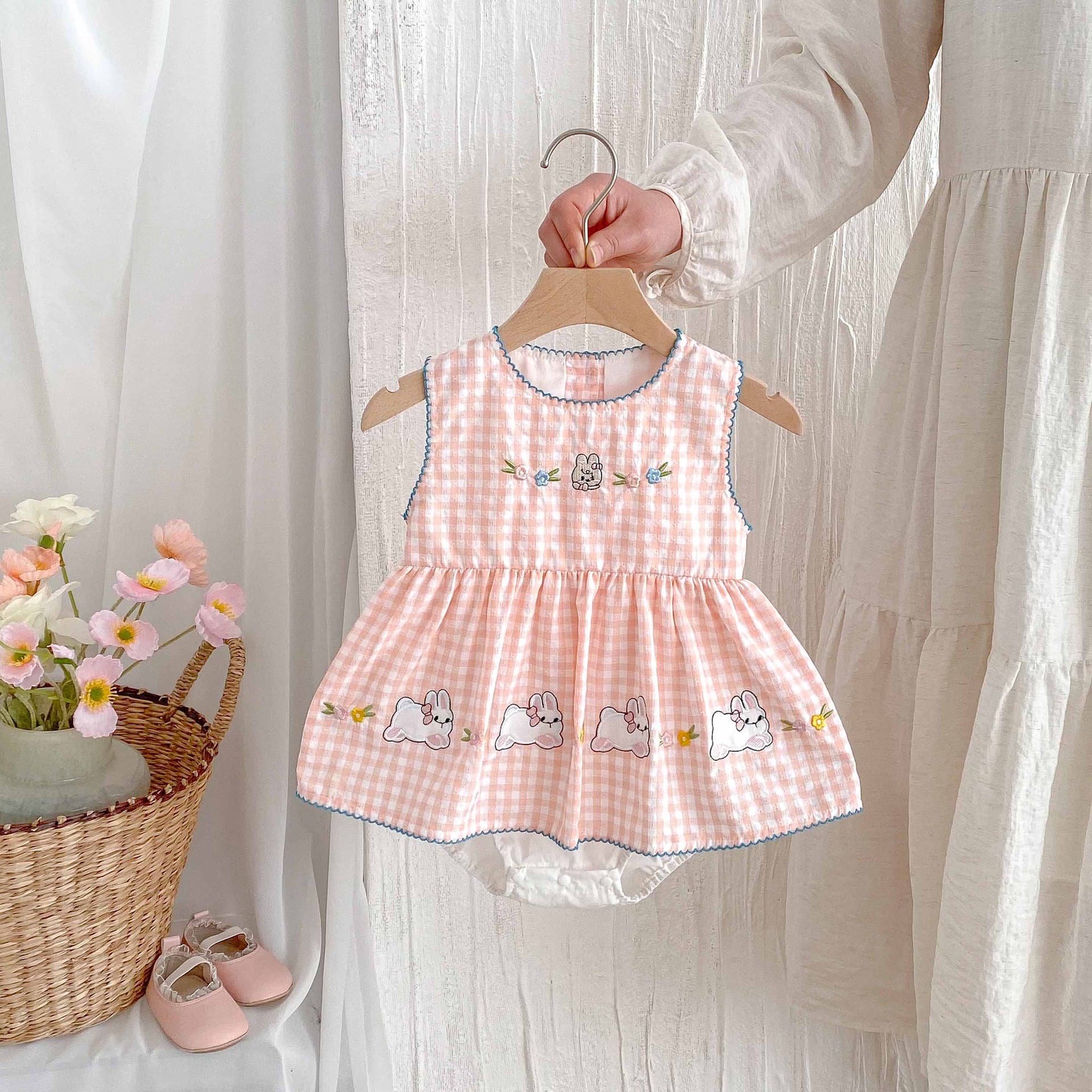 Baby Clothing Summer New Sweet Plaid Vest Female Baby Jumpsuit Cute Rabbit Princess Bodysuit Dress