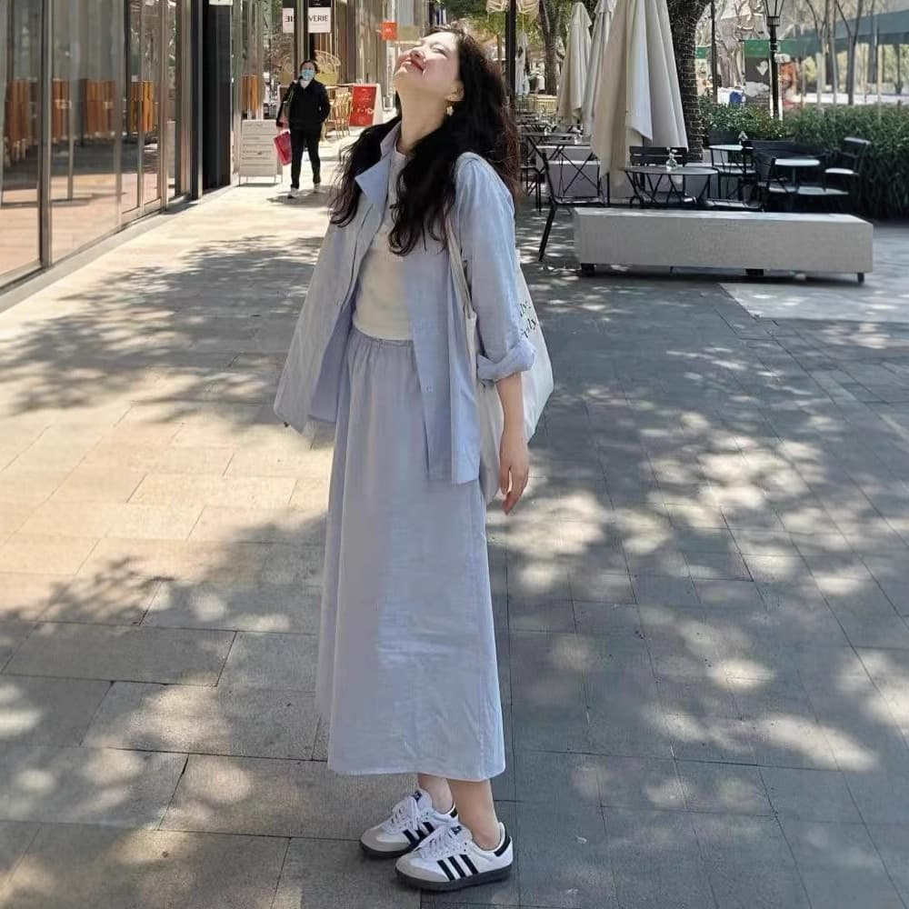 Hong Kong Style Chic Casual Sportswear Set for Women Summer Simple Versatile Striped Sun Protection Shirt Loose Long Skirt Two-Piece Set