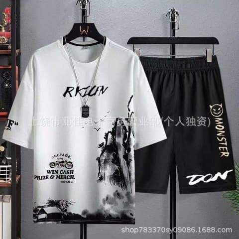 [Hot sale in store] Summer new cross-border short-sleeved T-shirt men's sports suit teenagers and students loose large size