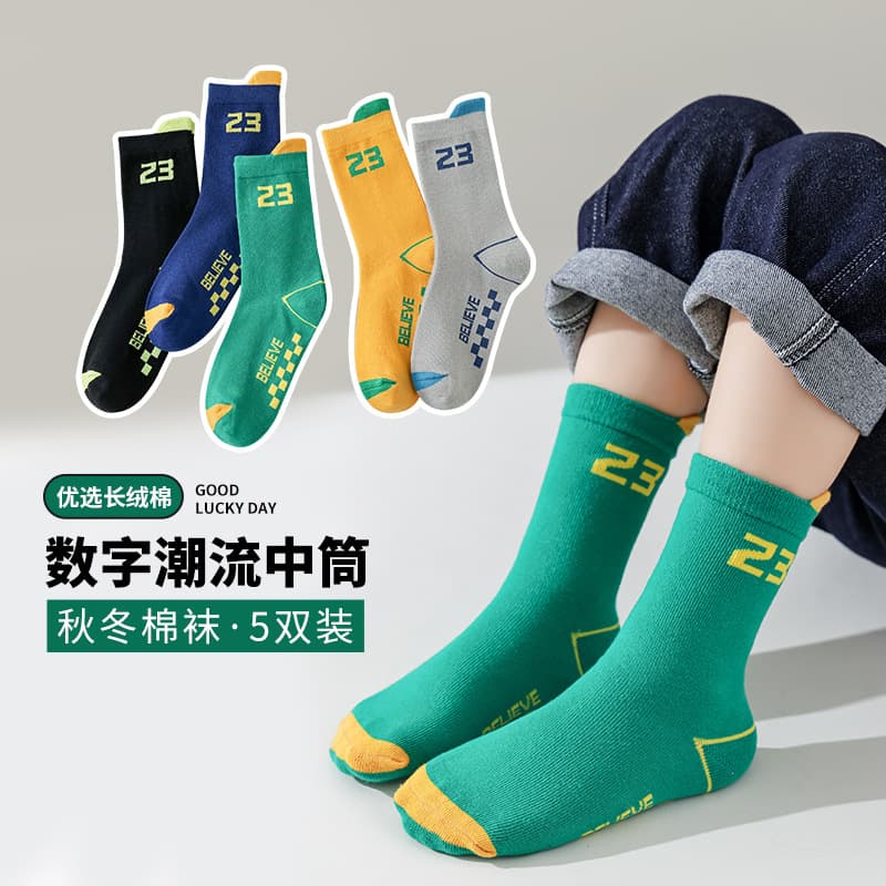 2025 Children's Socks Boys Cotton Socks Autumn and Winter Sports Sweat-Absorbent Ear Student Socks Spring and Autumn Mid-Tube Tide Socks Wholesale