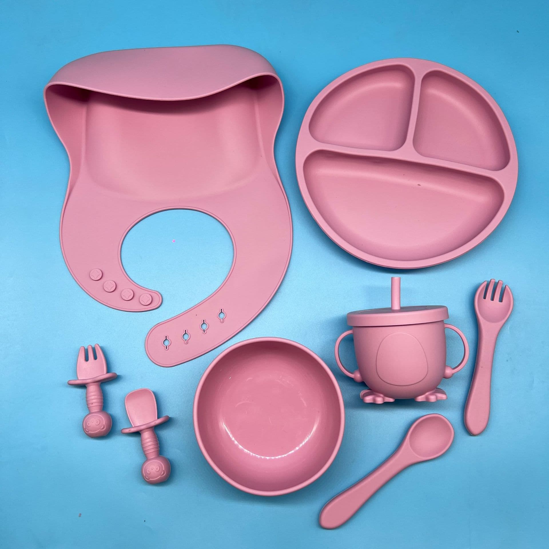 New Children's Tableware Baby Feeding Utensils Fork Spoon Suction Bowl 8-Piece Set Silicone Divided Plate