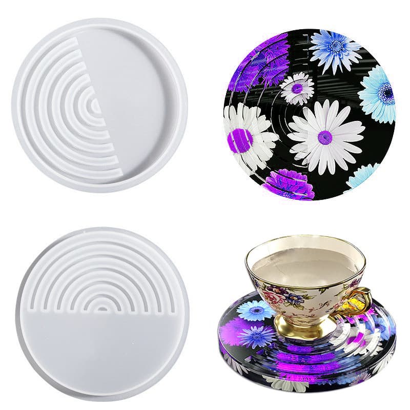 Crystal glue diy mirror round half-moon striped coaster resin gypsum cement table silicone mold wholesale
