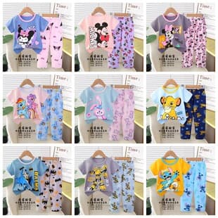 Kid's Pajamas 2026 Children's Casual Sleepwear Summer Korean Style Short Sleeve Long Pants Factory Direct