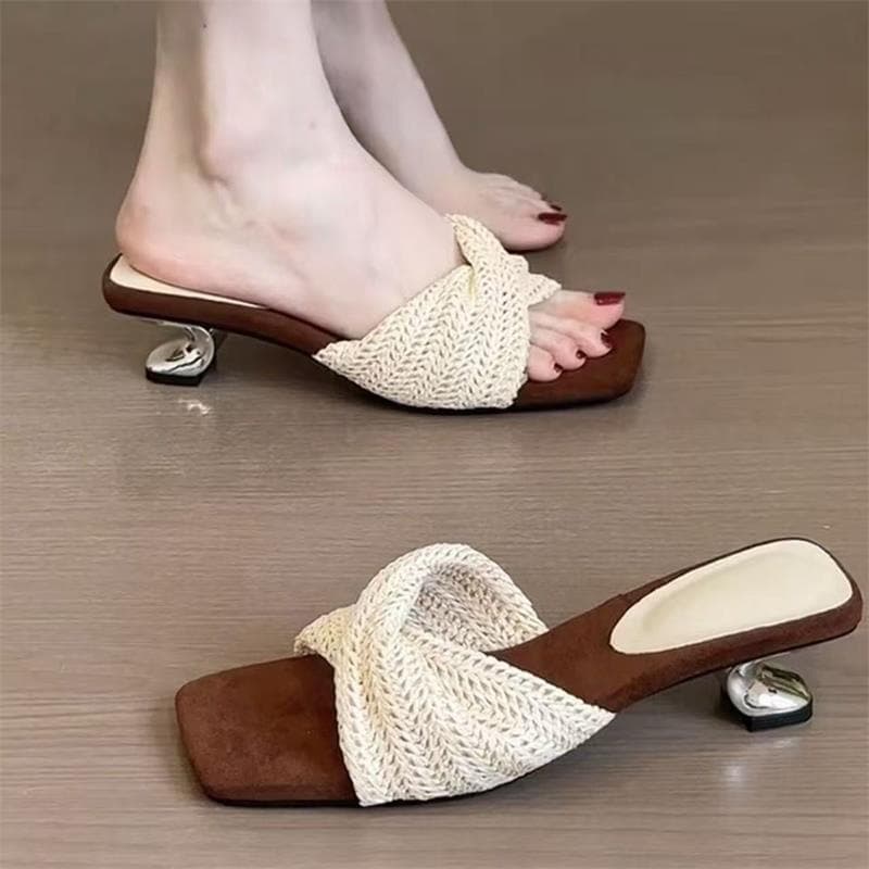 Vintage Square Toe Woven French Heel Slide Sandals Fairy Shoes Summer Vacation Dress Sandals