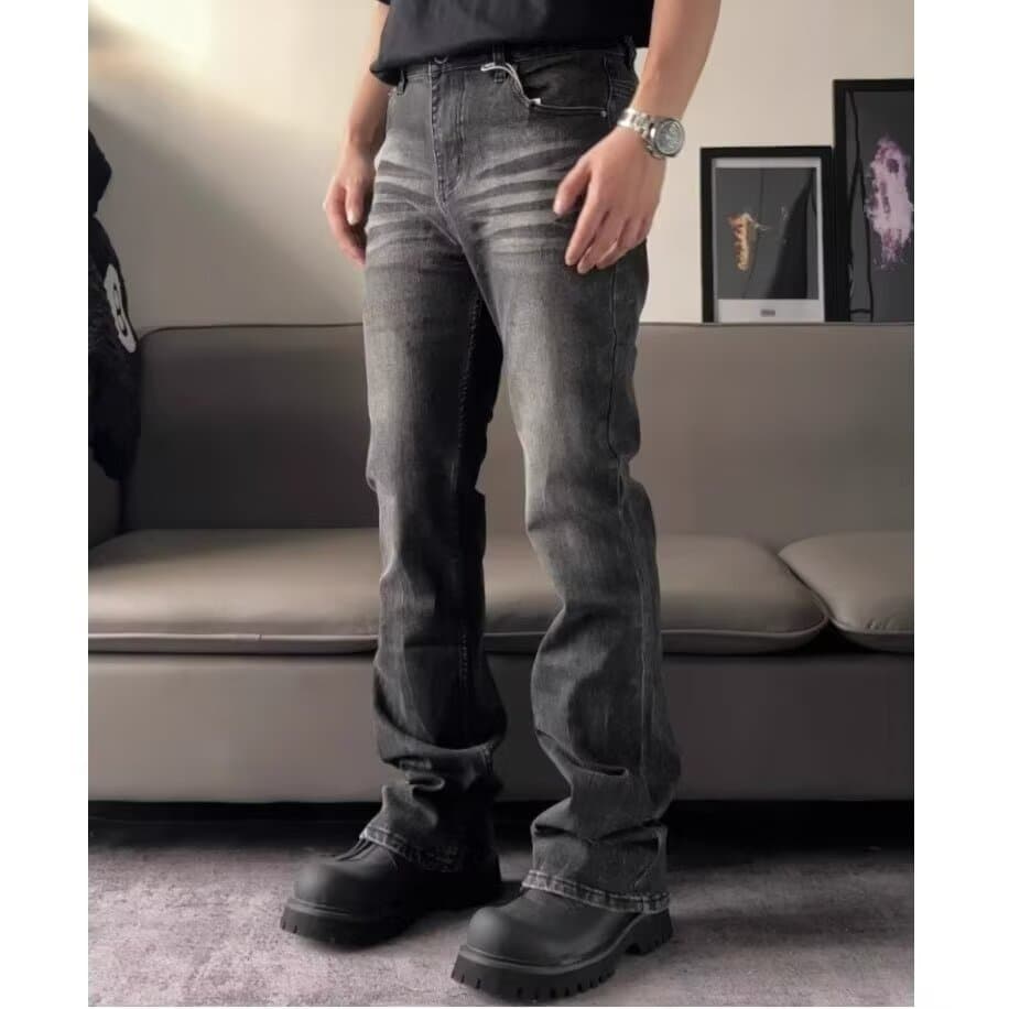 American Retro Black High-Street Water Ripple Jeans for Men, Straight-Leg Loose Slimming Flowing Wide-Leg Casual Pants Trend