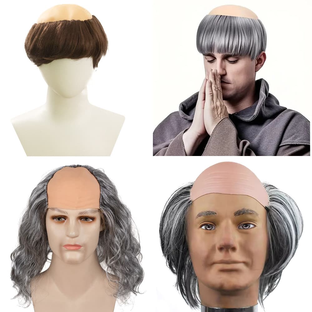 Halloween Bald Wig Jesus Bald Cap Monk Wig Brown Adult Monk Role Play Wig Costume