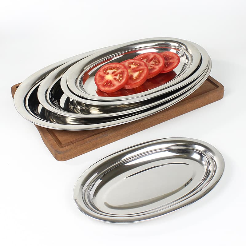 304 Stainless Steel Fish Plate Thickened Egg-Shaped Plate Cafeteria Oval Steamed Fish Plate Dish Rice Noodle Roll Plate BBQ Tray