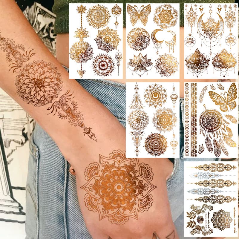Hannah Henna Temu New Cross-Border Gold Foil Tattoo Stickers for Hands, Feet, and Arms, European and American Tattoo Stickers