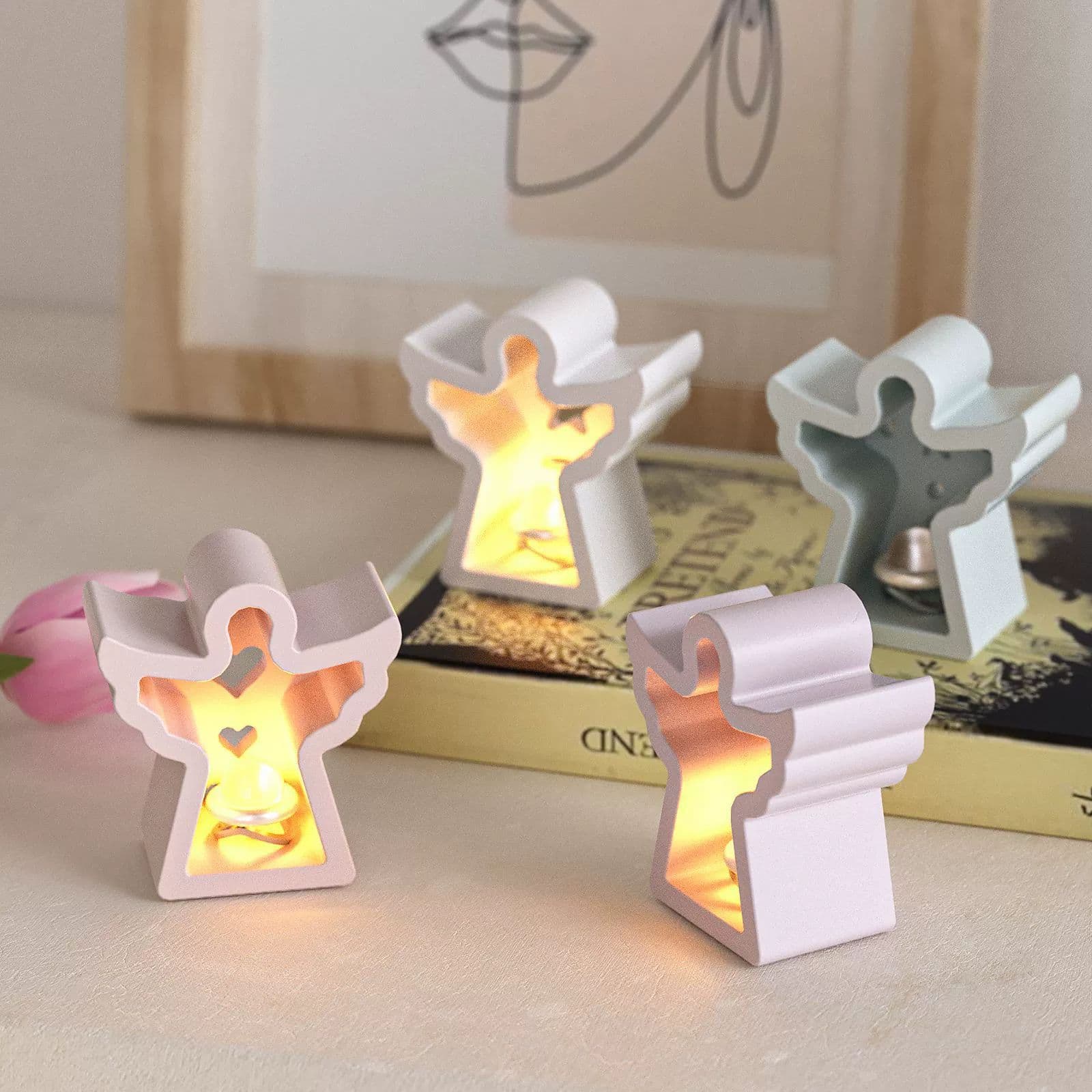 Four-in-One House Candle Holder Resin Silicone Mold, Easter DIY 4-in-1 Angel Ambient Light Plaster Figurine Decoration