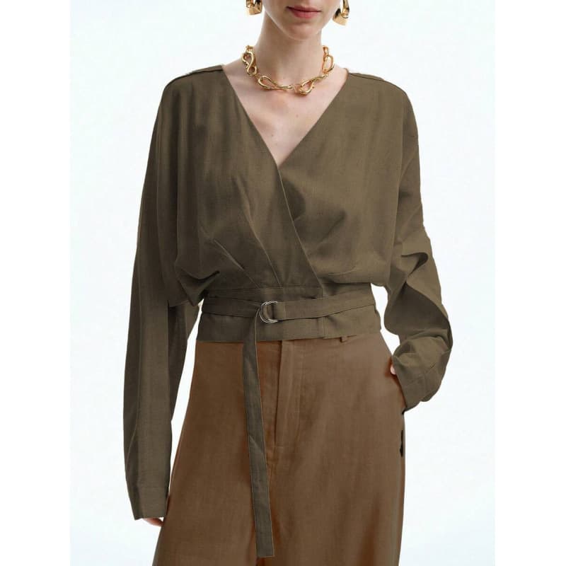 Amazon cross-border linen exquisite and elegant commuting vacation casual cross V-neck off-shoulder long-sleeved top shirt for women