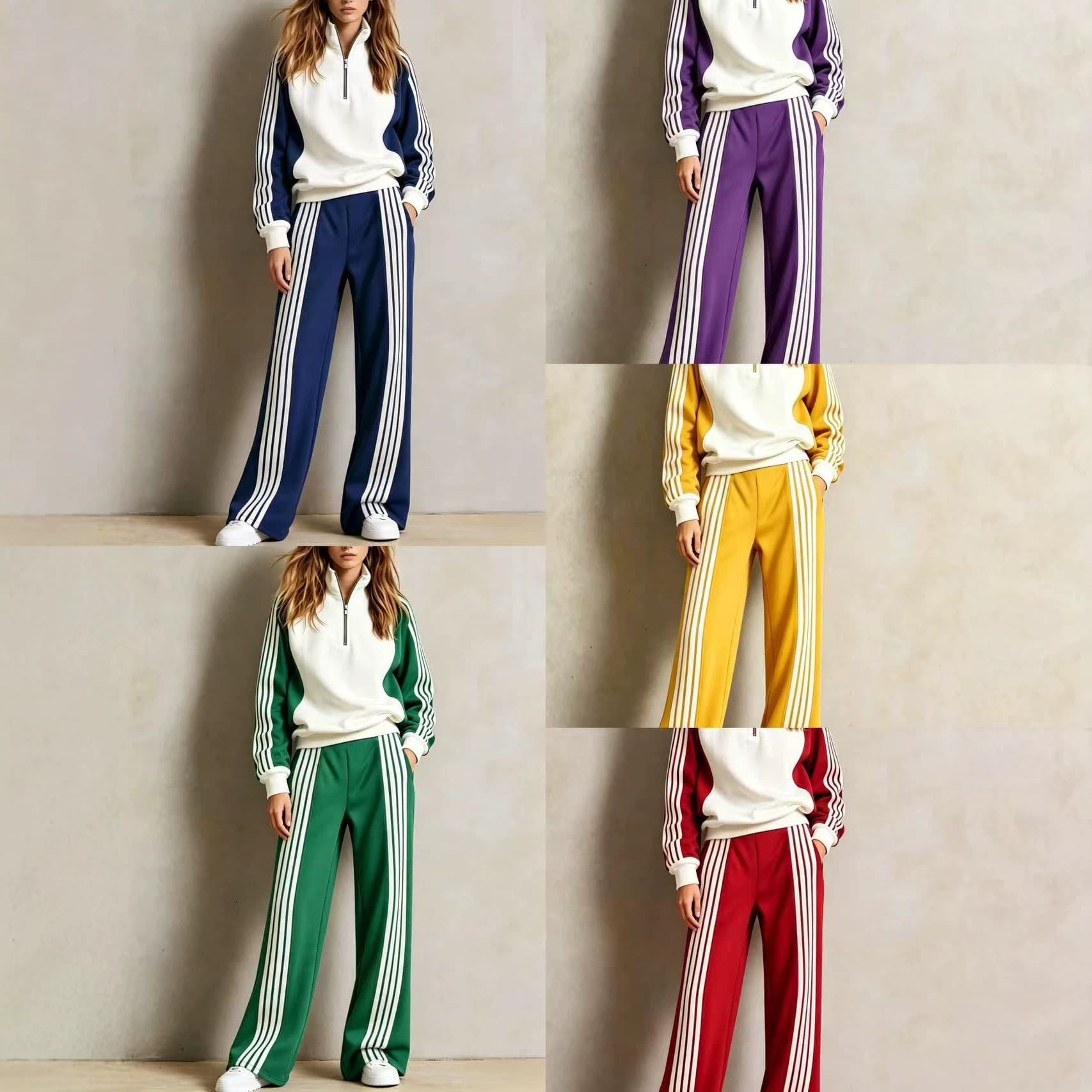 Women's European and American Cross-Border Contrast Color Stripe Sports Set, Half-Zip Stand Collar Sweatshirt with Wide-Leg Pants, Two-Piece Outfit