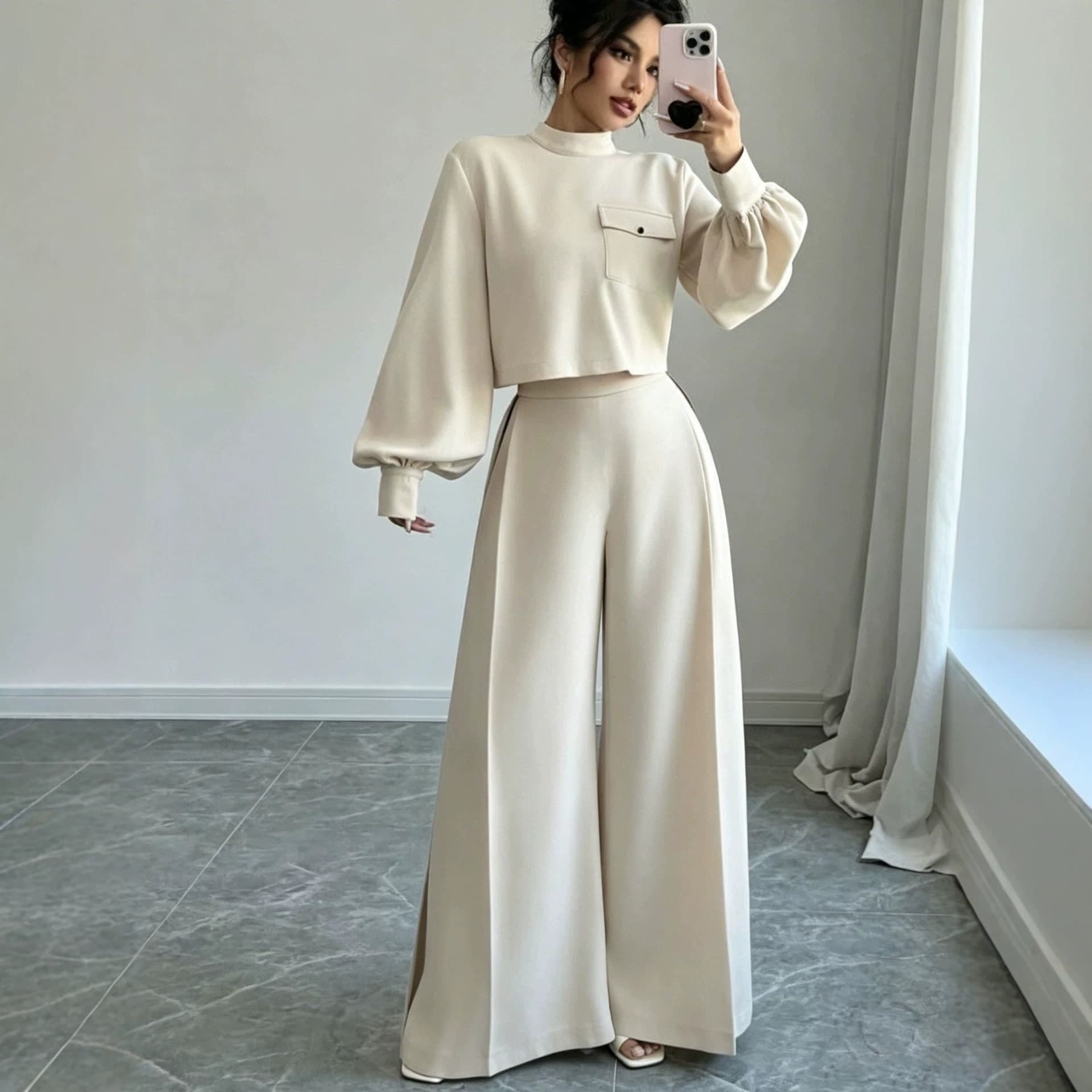European and American Cross-Border 2026 Autumn Solid Color Wide-Leg Pants Set for Women, Loose Long-Sleeve Short Top Two-Piece Set, Fashion Casual