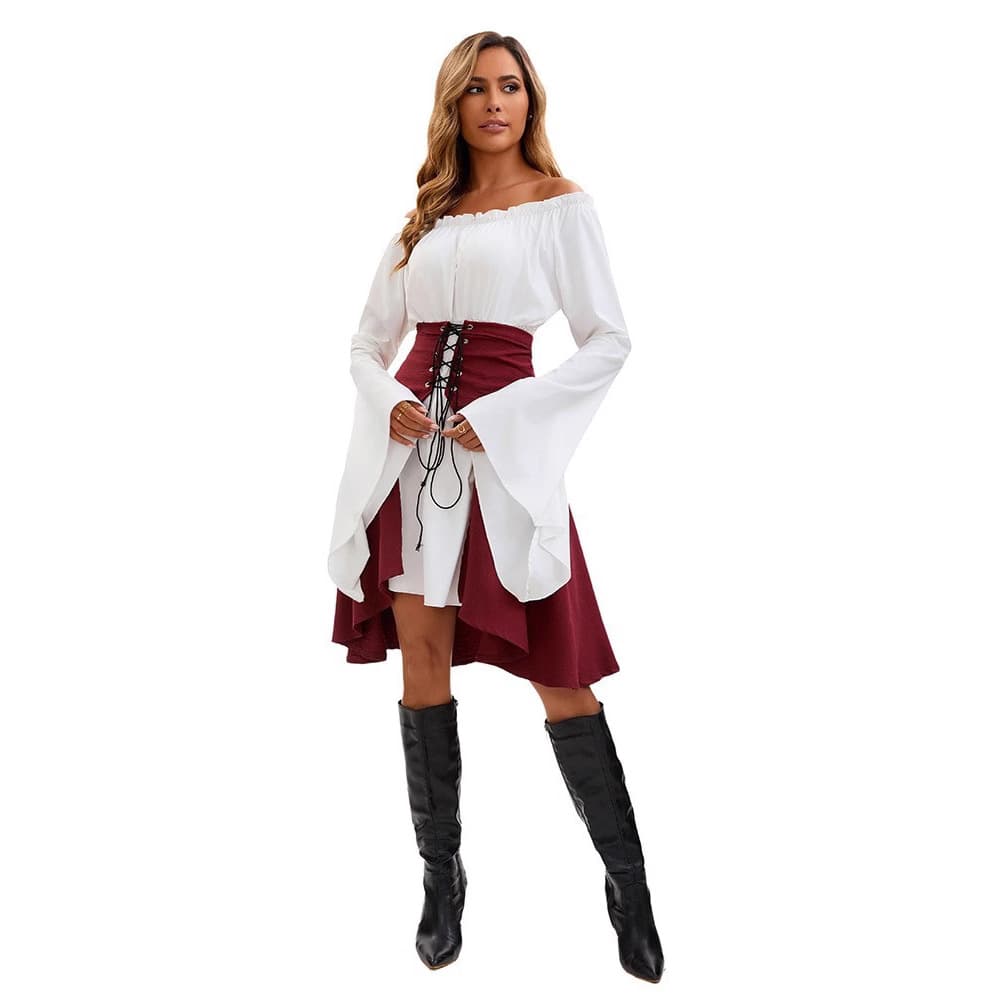 Halloween European and American medieval Renaissance long-sleeved shirt belted top pirate shirt women's stage performance costume