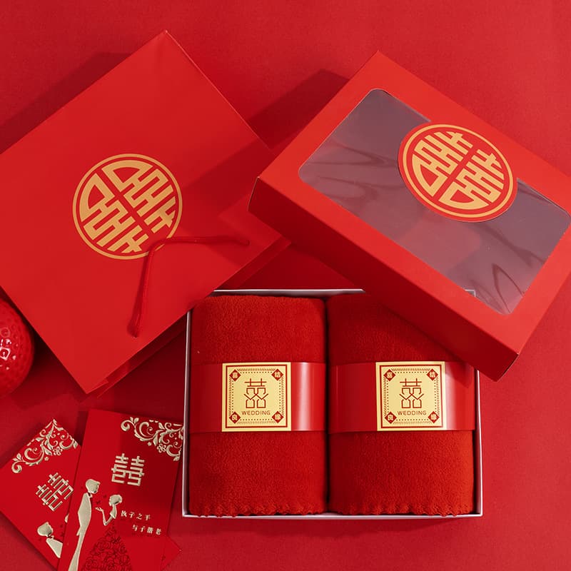 Wedding "Double Happiness" Towel Gift Box - Coral Fleece Red Festive Towel Set for Wedding Favors and Return Gifts